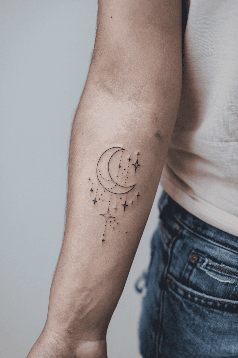 Crescent Moon with Stars Tattoo