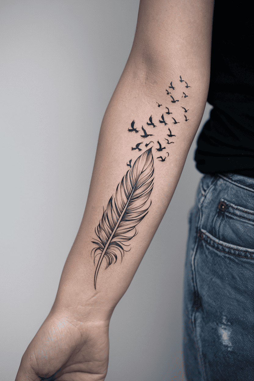 Delicate Feather with Birds Tattoo