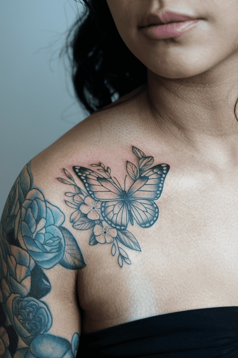 Detailed Butterfly with Floral Elements Tattoo
