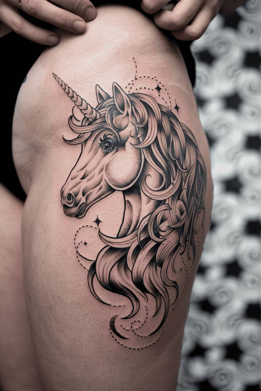 Detailed Unicorn with Flowing Mane Tattoo