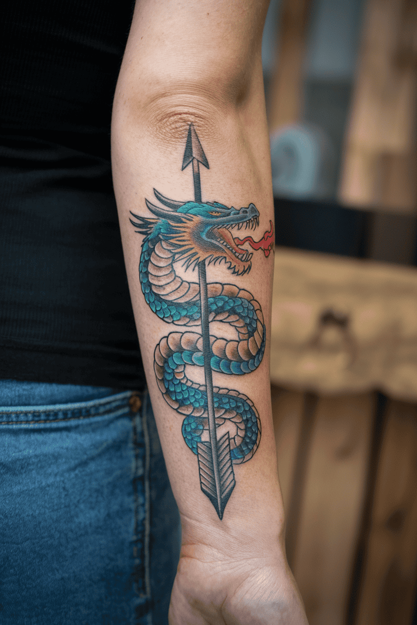 Dragon Wrapped Around an Arrow Tattoo