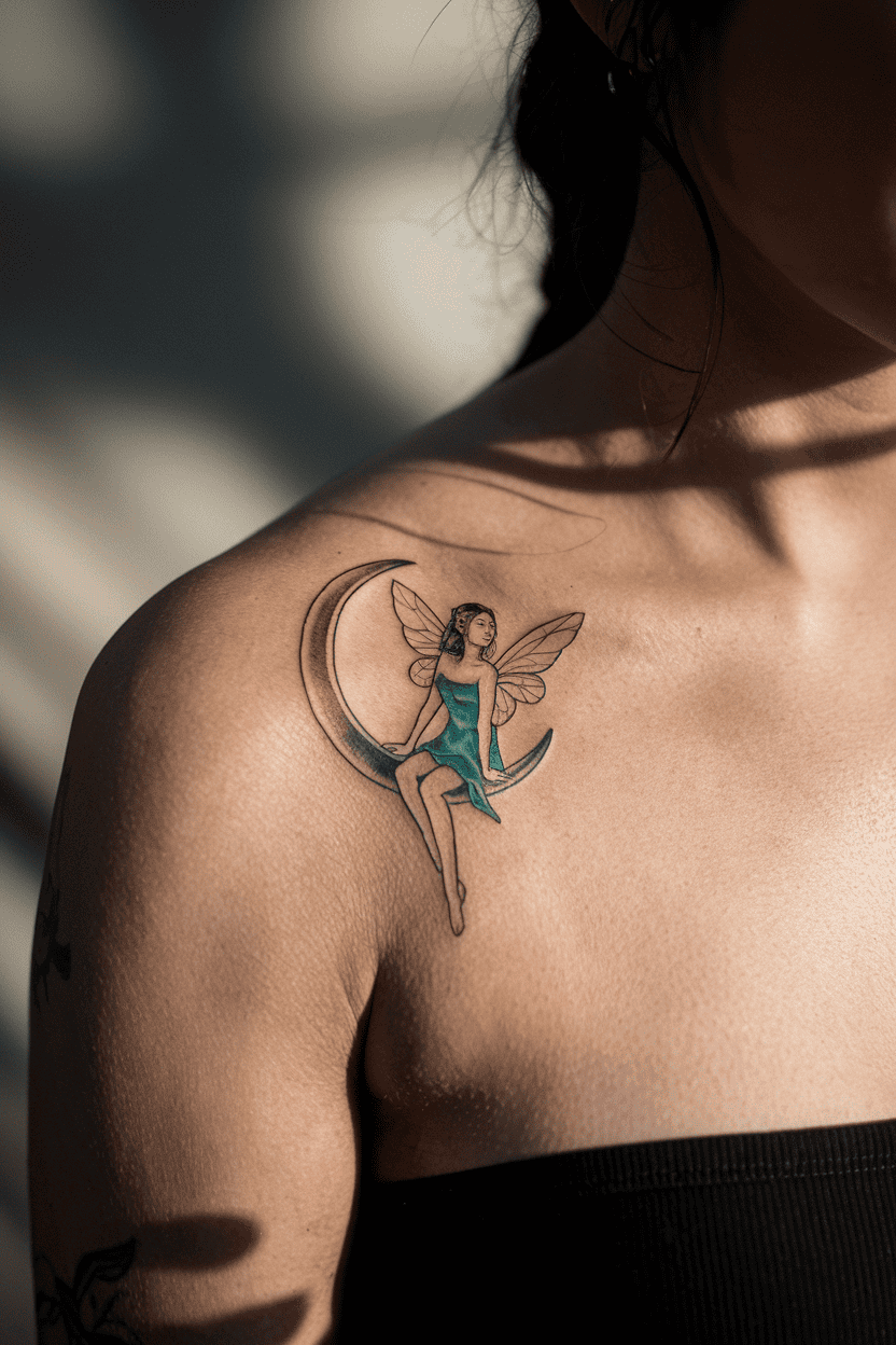 Fairy Sitting on a Crescent Moon Tattoo