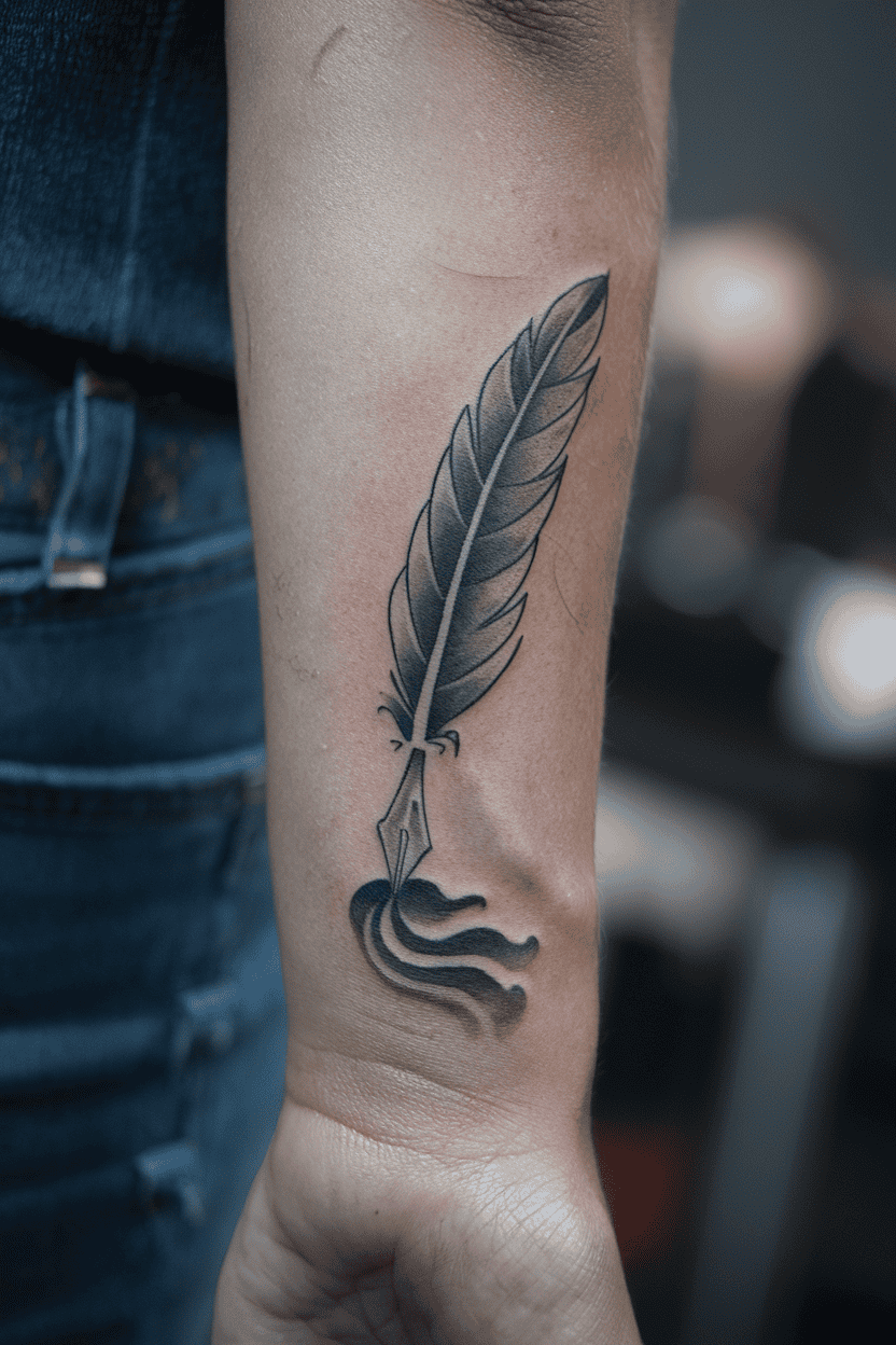 Quill Pen with Flowing Ink Tattoo