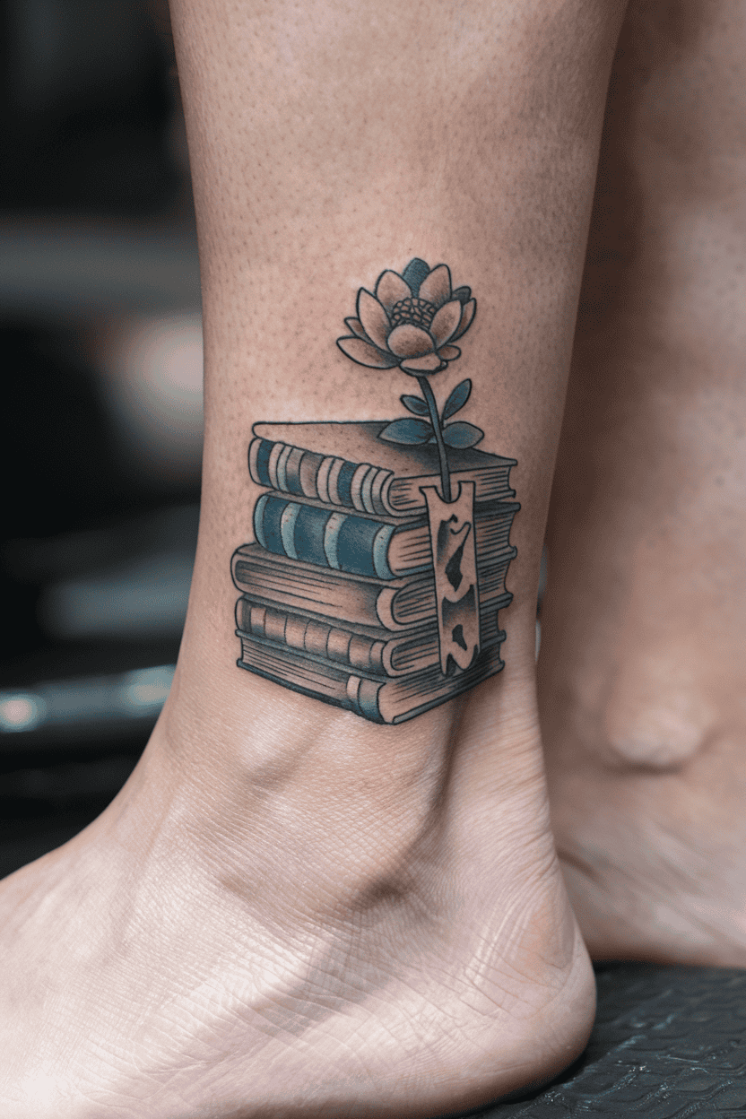 Stacked Books with Flower Bookmark Tattoo