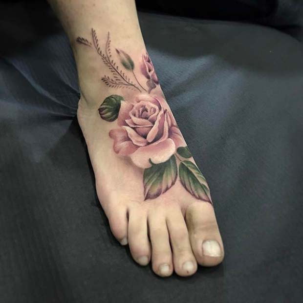 Pretty Pink Rose Foot Tattoo Idea