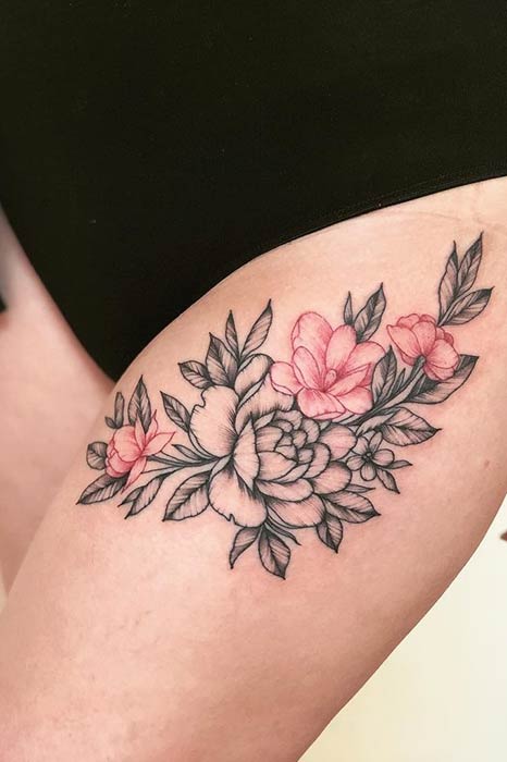 Black and Red Ink Thigh Tattoo