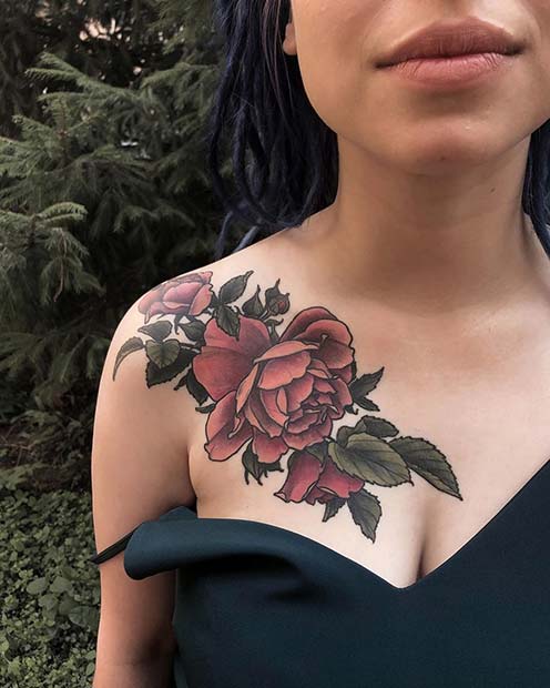Bold Peony Collar Bone Tattoo