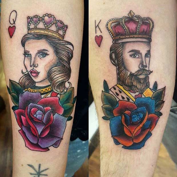 Colorful King and Queen Card Tattoos for Couples