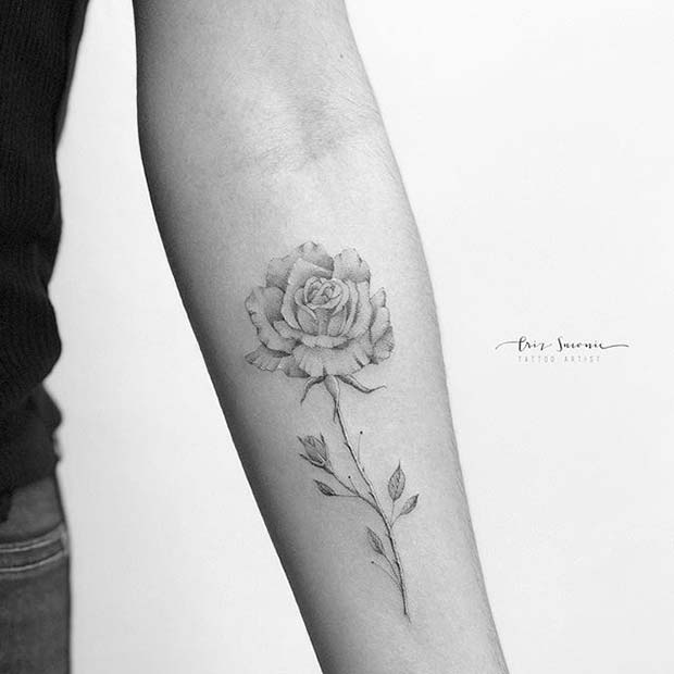 Delicate Single Rose Arm Tattoo Idea