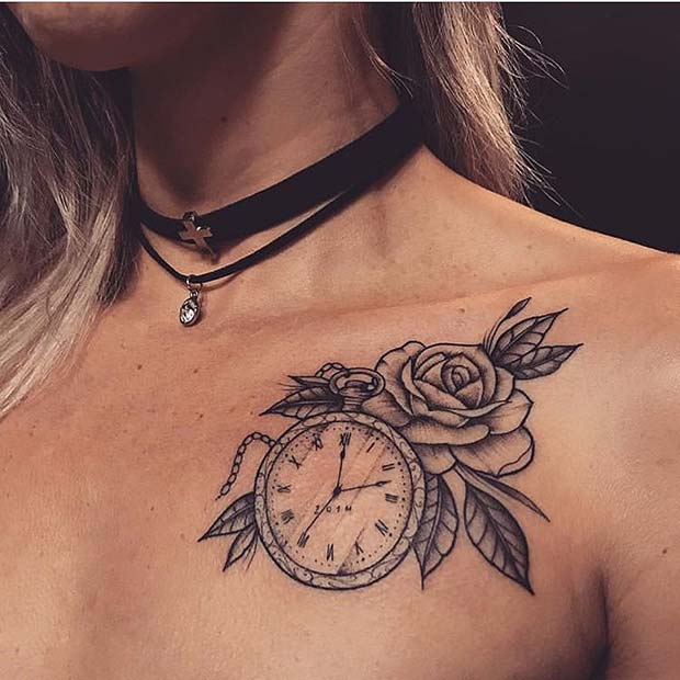Cute Pocket Watch and Flower Tattoo Idea