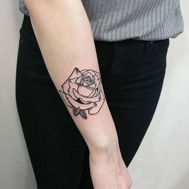 Illustrated Black Ink Rose Arm Tattoo Idea