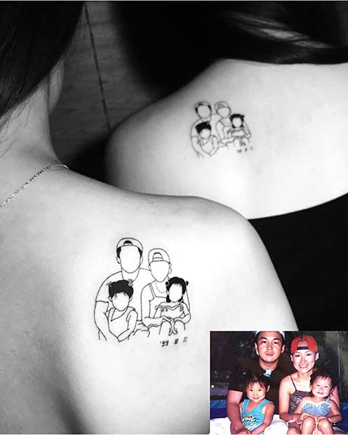 Matching Family Portrait Tattoo Idea for Siblings