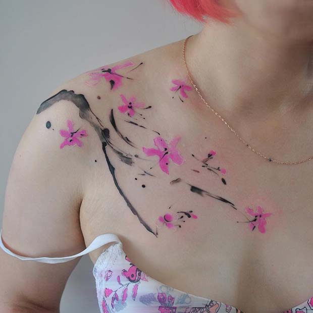 Watercolor Cherry Blossom Shoulder Tattoo