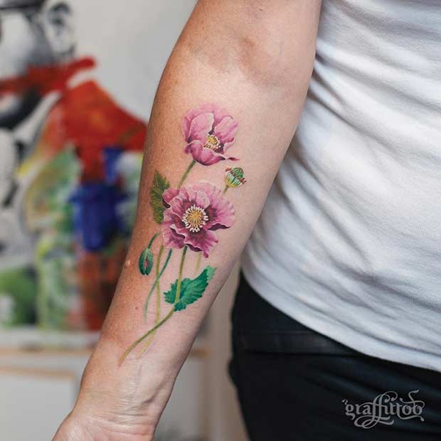 Pink Poppy Flower Watercolor Arm Tattoo Idea