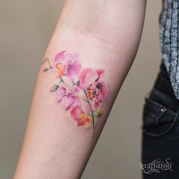 Watercolor Orchid Flower Tattoo Idea for Arm
