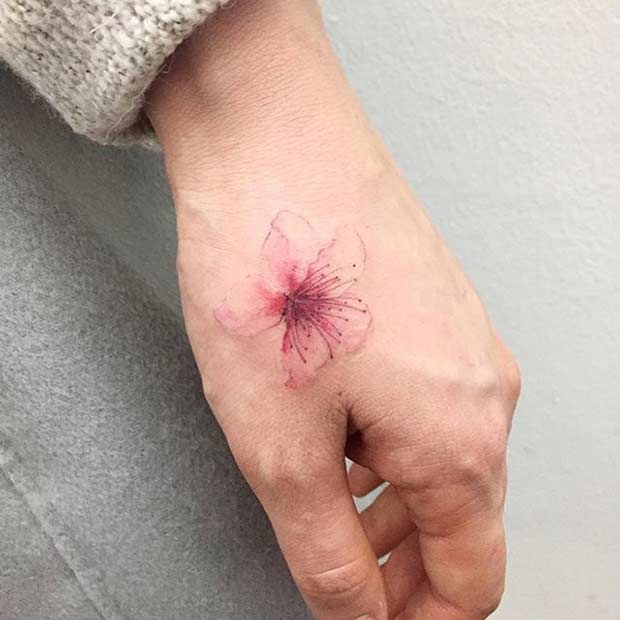 Pink Flower Watercolor Hand Tattoo