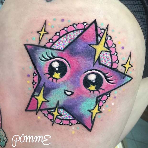 Colorful Kawaii Star Tattoo Design