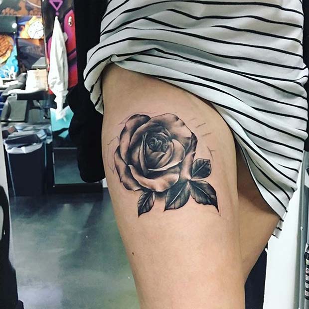 Shaded Rose Thigh Tattoo Idea