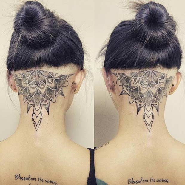 Women's Back of Head Undercut Mandala Tattoo