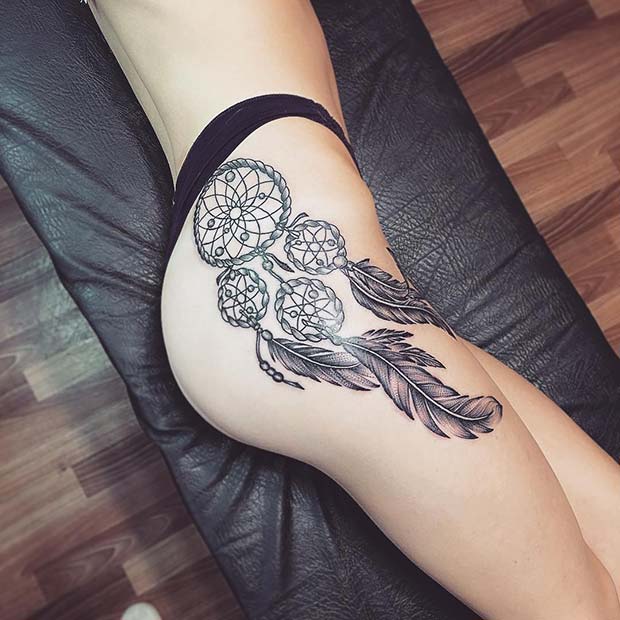 Large Dream Catcher Thigh Tattoo