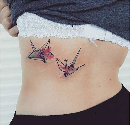 Watercolor Paper Crane Rib Tattoo