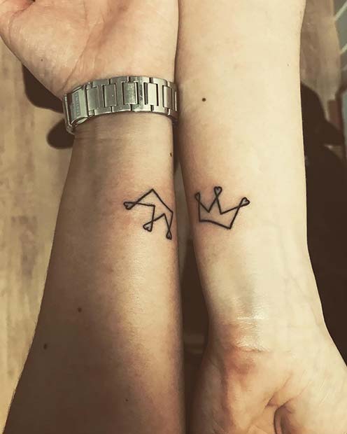 Matching Crown Tattoos with Hearts for Couples