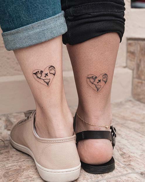 Matching World Map Tattoo Idea for BFFs