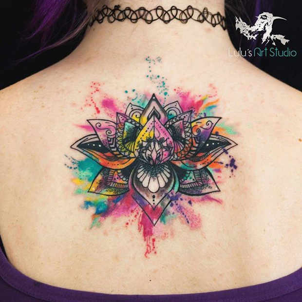 Women's Bright Watercolor Mandala Back Tattoo