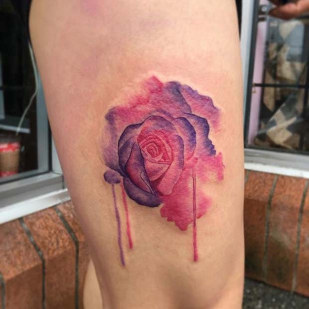 Pink and Purple Watercolor Rose Tattoo Idea