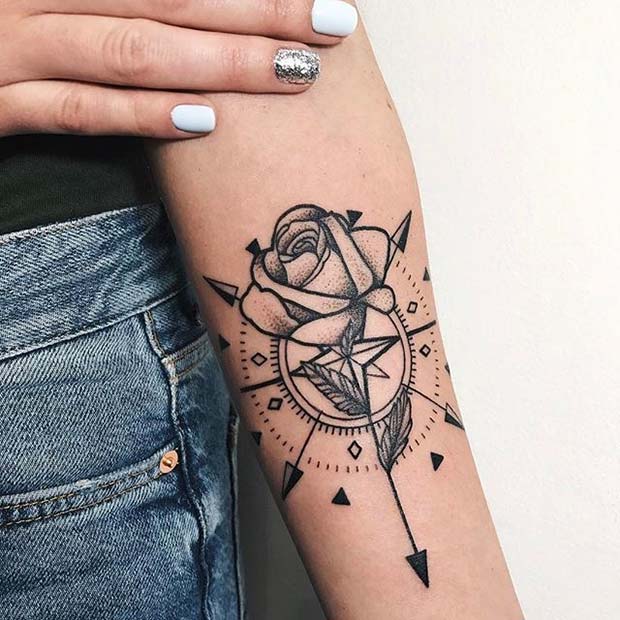 Black Ink Rose and Compass Tattoo Design