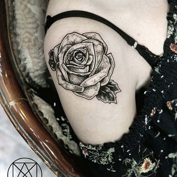 Black Ink Single Rose Shoulder Tattoo Idea