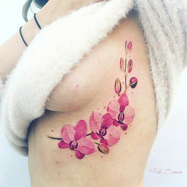 Pink Orchid Flower Watercolor Tattoo Idea