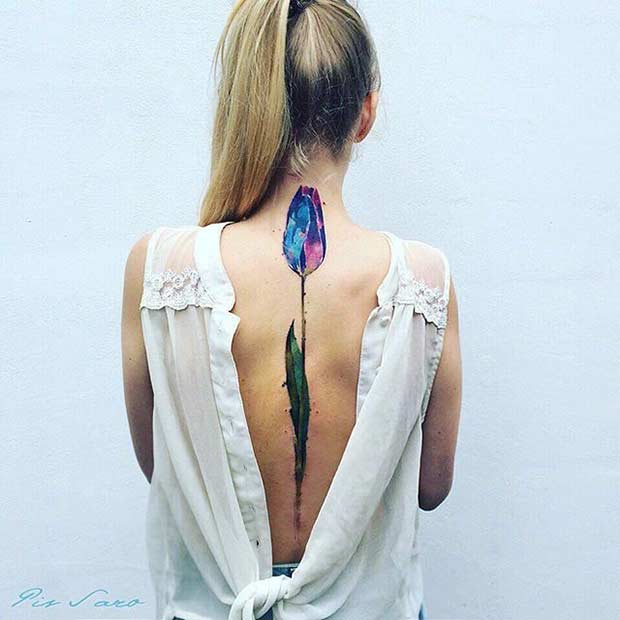 Watercolor Tulip Spine Tattoo Idea for Women