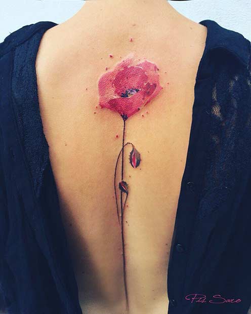 Poppy Watercolor Flower Tattoo Idea for Spine Back