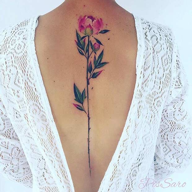 Watercolor Flower Back Tattoo Idea for Women