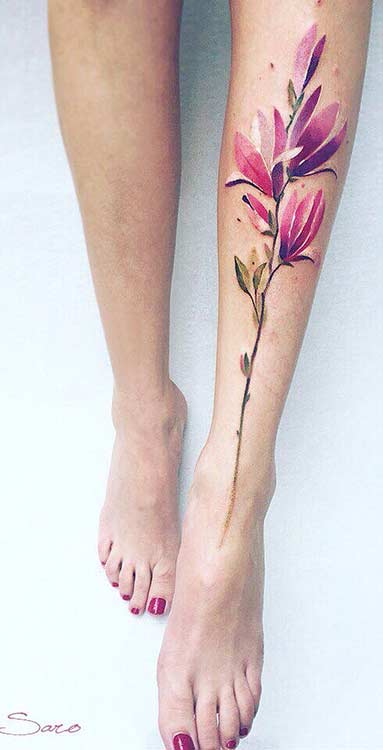 Magnolia Watercolor Flower Leg Tattoo Idea