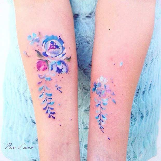 Light Blue Peony Arm Watercolor Flower Tattoo