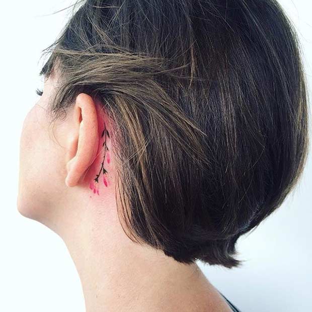 Small Behind the Ear Twig Watercolor Flower Tattoo Idea