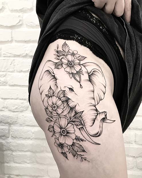 Pretty Elephant Hip Tattoo Idea