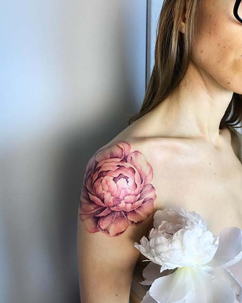 Stunning Peony Shoulder Tattoo