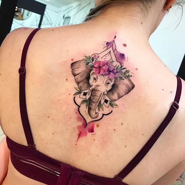 Watercolor Elephant Back Tattoo