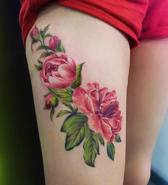 Color Flower Thigh Tattoo Design