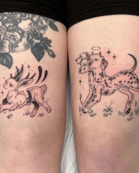 3 Headed Dalmatian Chasing a Jackalope Across Legs