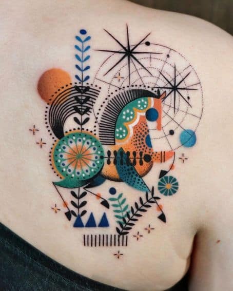 A Colorful Geometric Horse Tattoo on the Back Shoulder