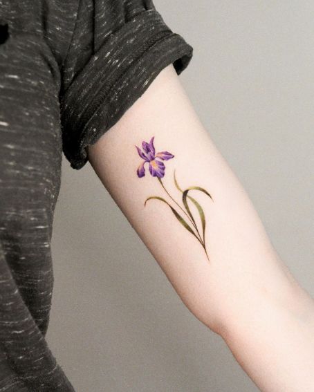 A Subtle Single Flower Iris Tattoo with Stem