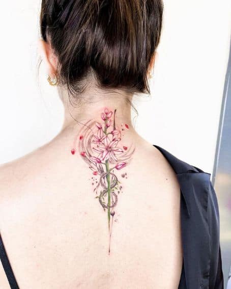 Asphodel Flower and Ouroboros Tattoo on Back