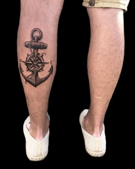 Big Anchor Compass Tattoo on Calf Muscle