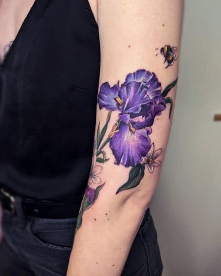 Big and Bright Iris Tattoo with Bumblebee