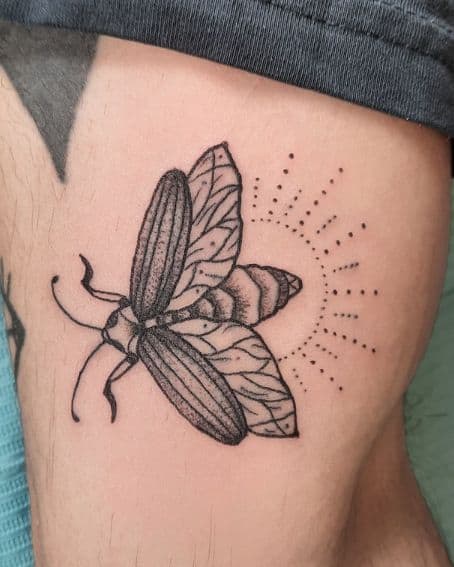 Big Firefly Tattoo on Thigh