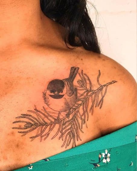 Black and Grey Chickadee Tattoo on Shoulder